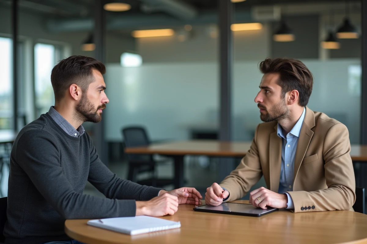 Séance d'accompagnement personnalisé entre un coach professionnel et son client dans un espace de coworking moderne, illustrant l'investissement Reborn21