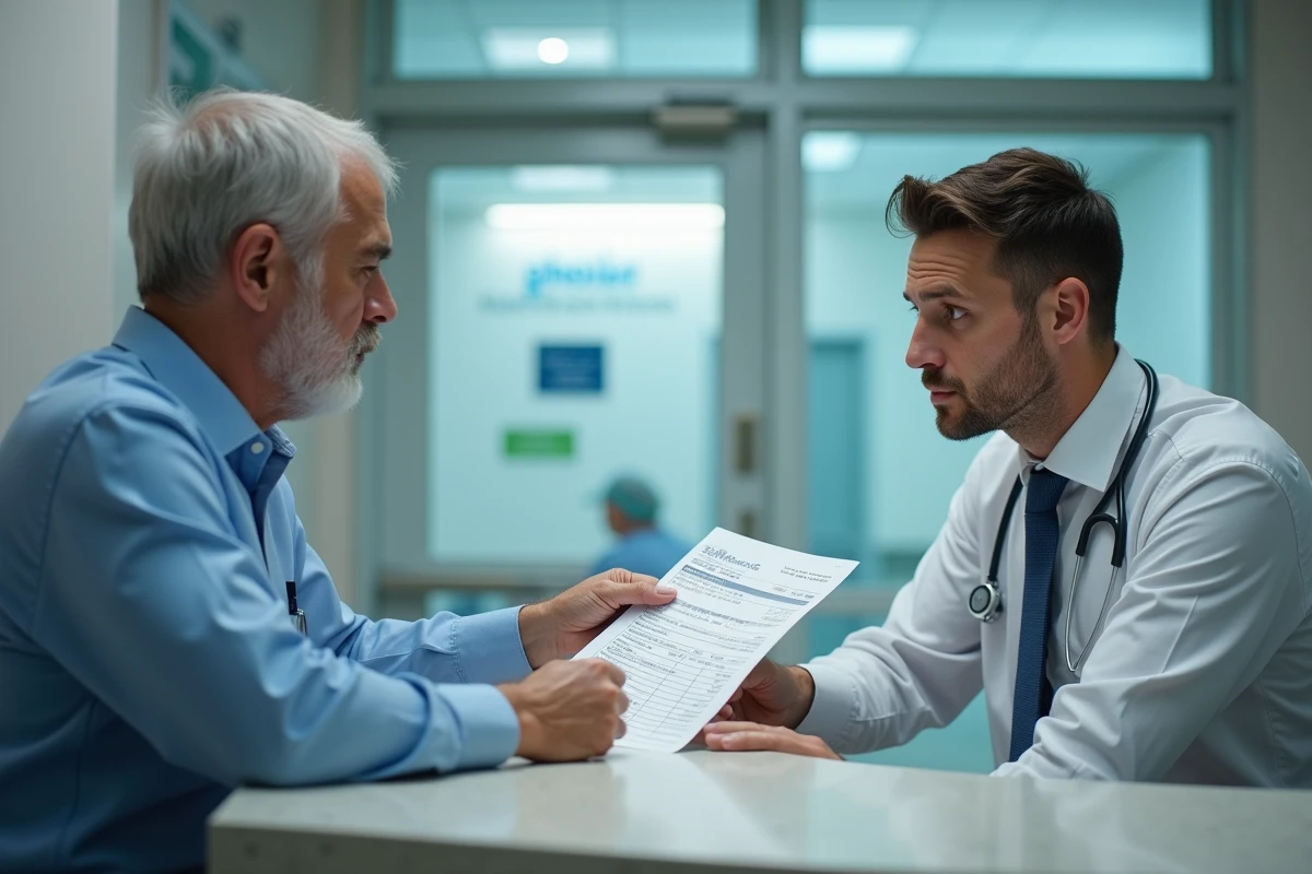 Jeune administrateur médical montre une facture à un patient