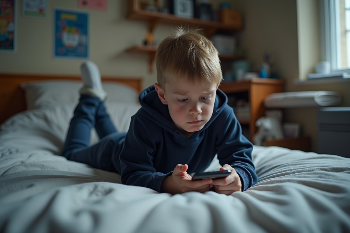 Adolescent allongé sur son lit concentré sur son téléphone