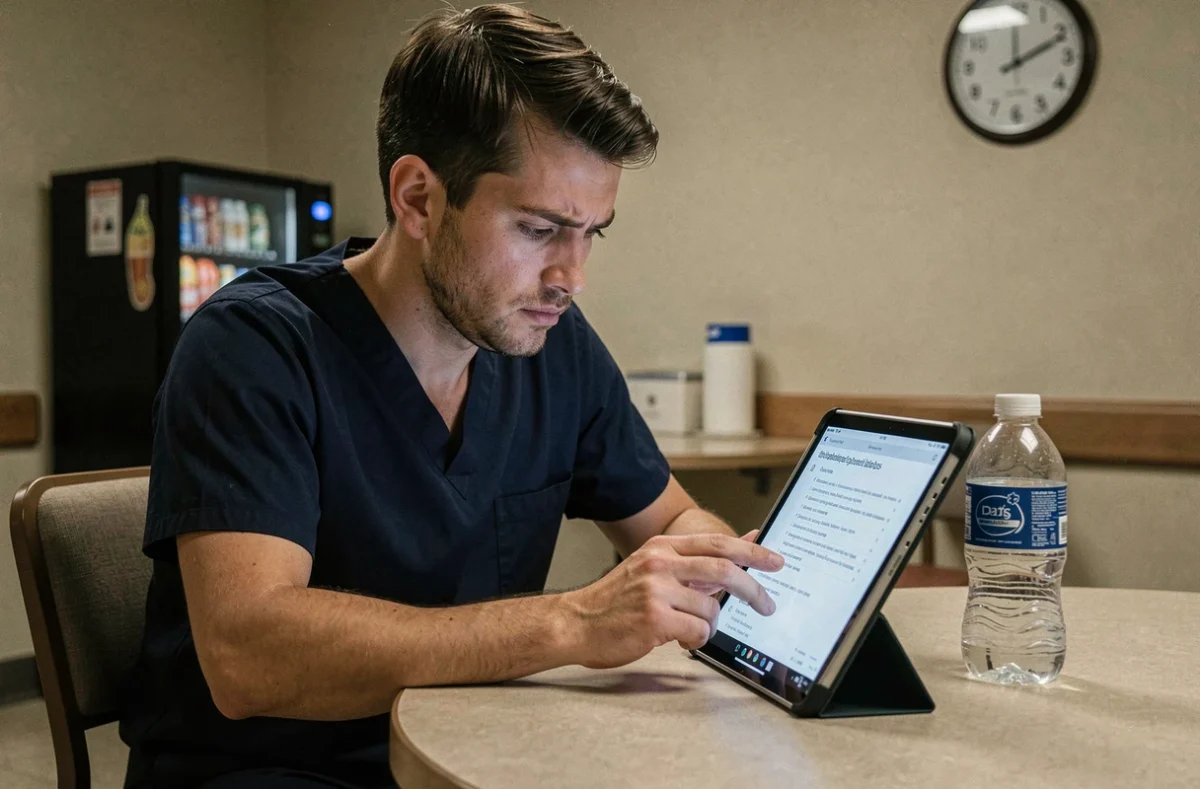 Aide soignant homme consultant un PDF de vocabulaire médical sur tablette dans une salle de pause hospitalière la nuit