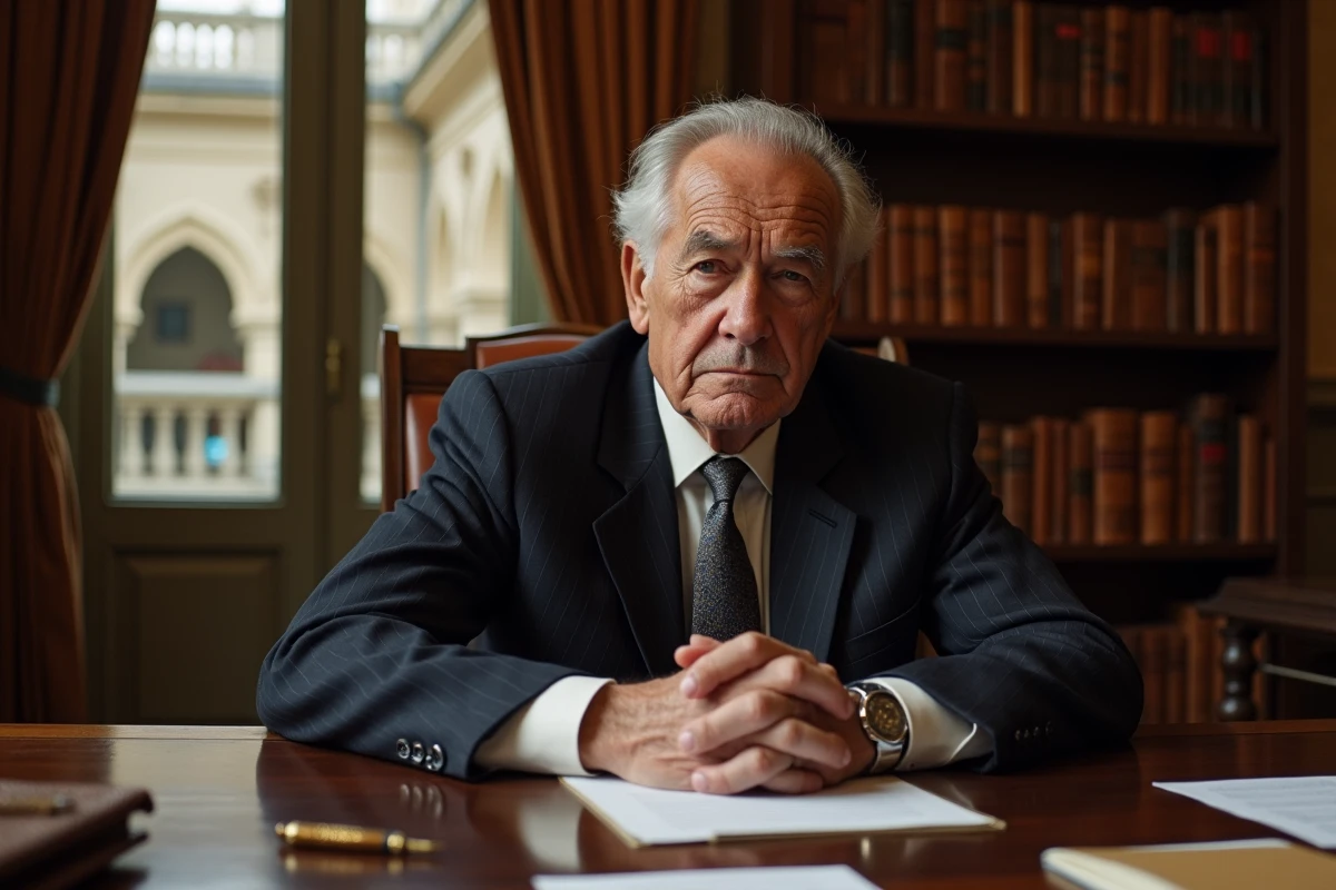 Portrait d'un homme politique français âgé assis à un bureau parisien classique, air pensif et fatigué, symbolisant la réflexion sur la santé et le parcours d'Alain Madelin
