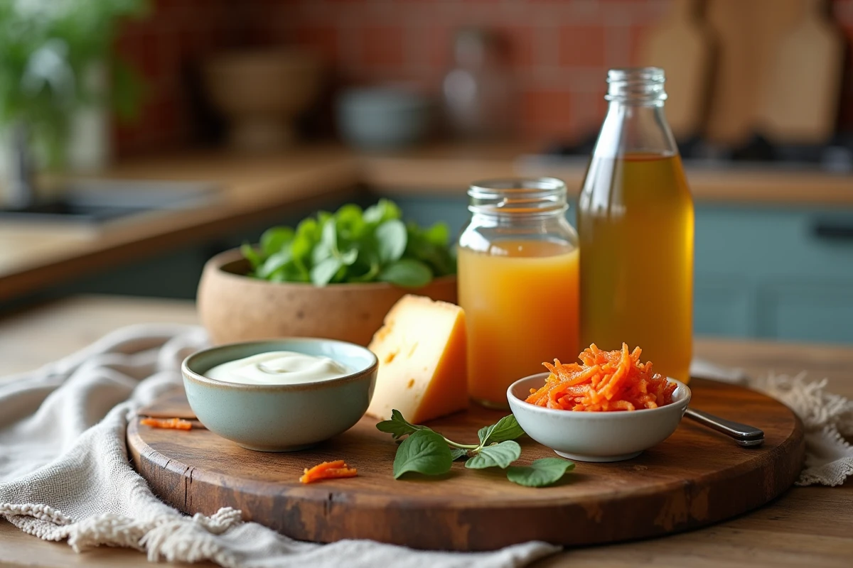 Aliments fermentés riches en probiotiques naturels disposés sur une planche en bois pour illustrer les remèdes contre le SII et la colite