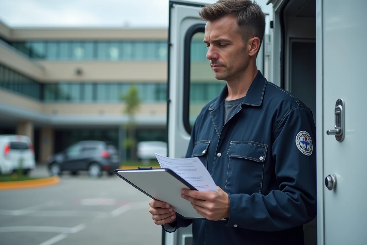 Ambulancier consultant un bon de transport cerfa sur presse-papiers devant une ambulance