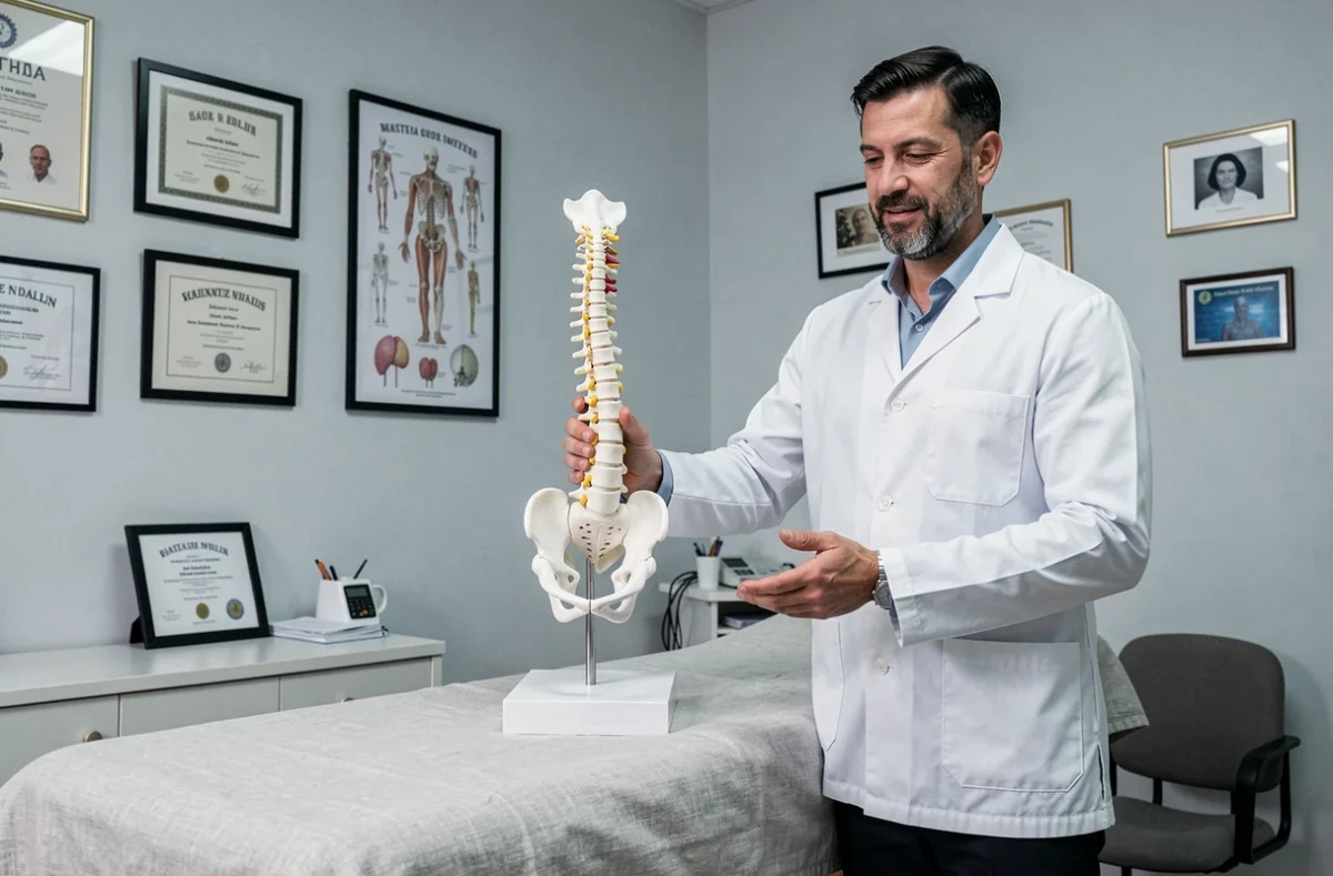 Anthony Fossaceca, ostéopathe, expliquant un modèle anatomique de la colonne vertébrale à un patient dans son cabinet