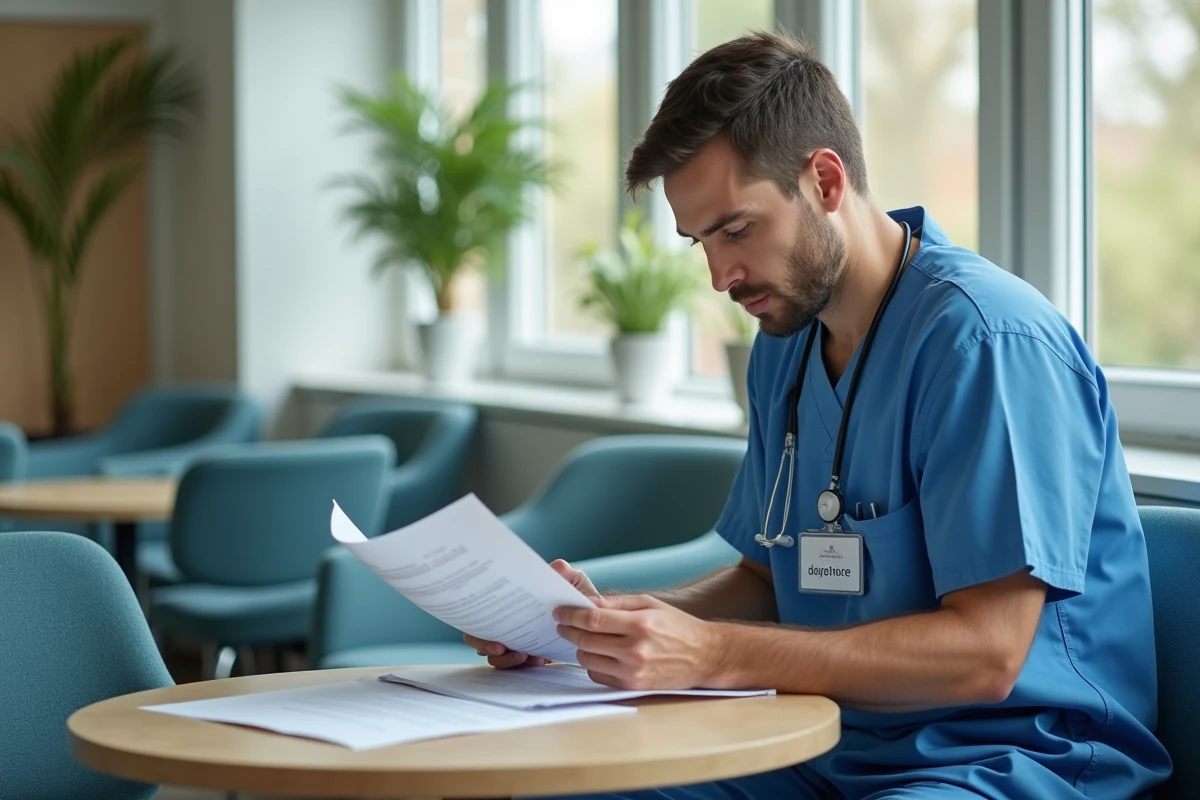 Jeune homme en blouse bleue étudiant un document dans un salon d