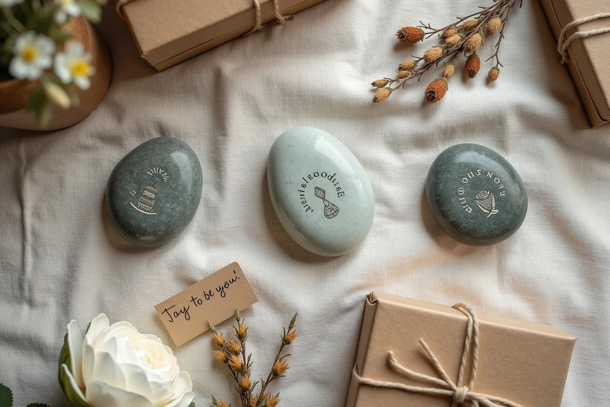Assortiment de worrying stones gravés personnalisés sur tissu lin, idée cadeau anti-stress artisanal