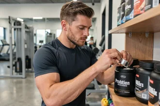 Athlète masculin mesurant une dose de protéine Raptor Nutrition dans une salle de sport moderne