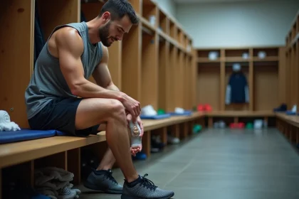 Jeune athl&egrave;te appliquant un bandage au pied en salle de sport