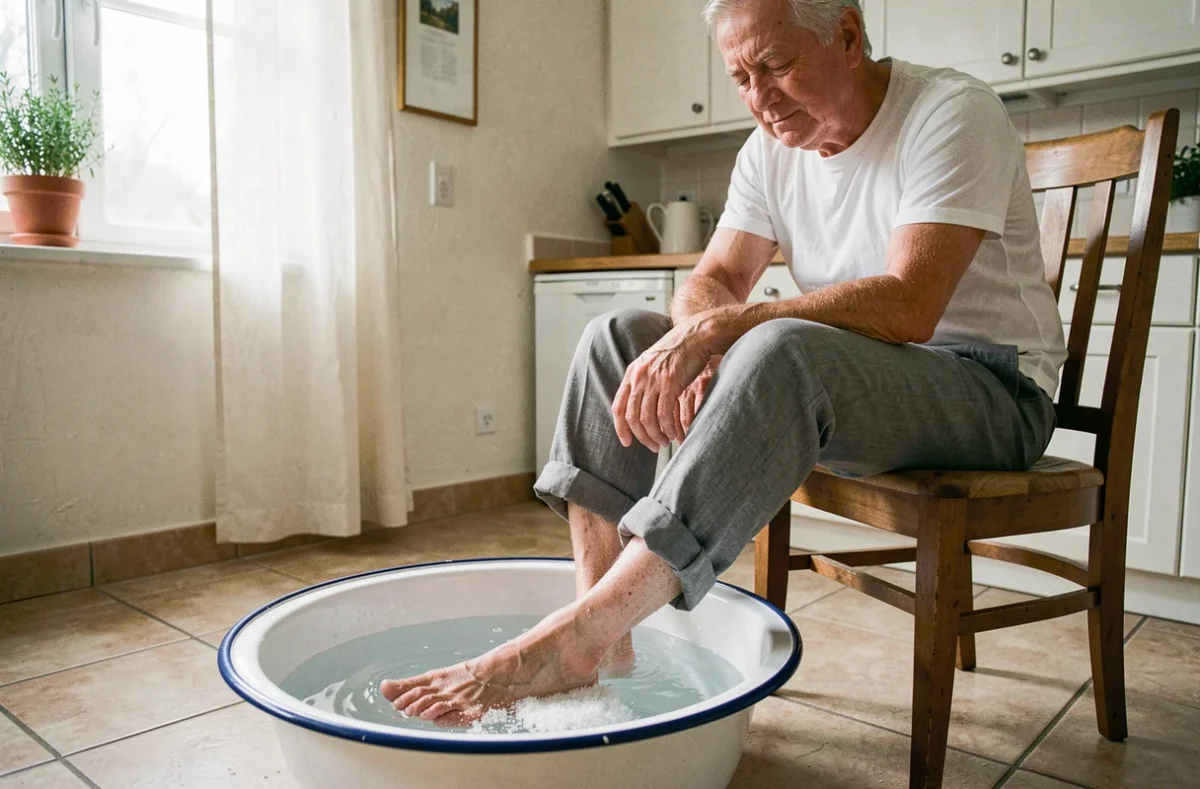 Homme âgé faisant un bain de pieds au sel pour soulager une épine calcanéenne douloureuse