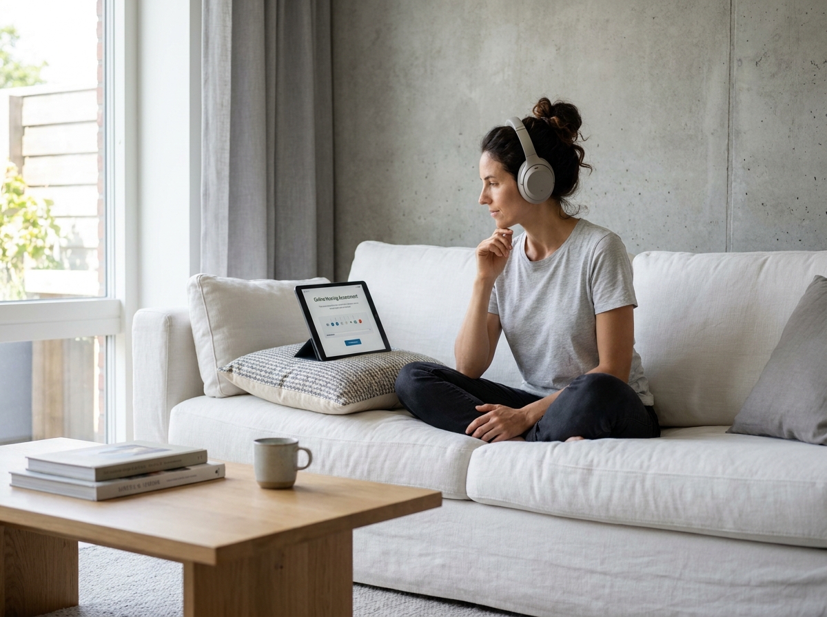 Jeune femme portant un casque audio réalisant un bilan auditif en ligne sur une tablette dans un salon moderne