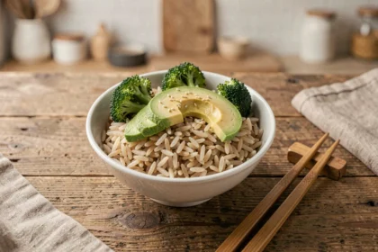 Bol de riz complet cuit avec légumes vapeur et avocat sur une table en bois, illustrant un repas sain pour la perte de poids