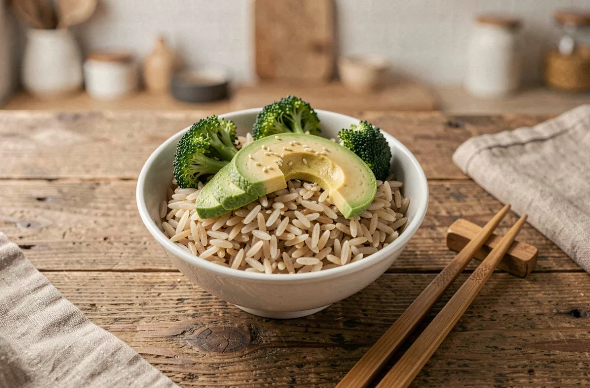 Bol de riz complet cuit avec légumes vapeur et avocat sur une table en bois, illustrant un repas sain pour la perte de poids