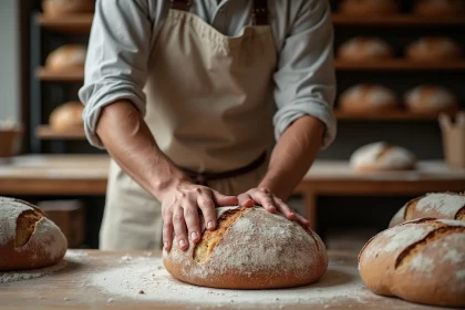 Boulanger fa&ccedil;onnant un pain rustique au levain dans une boulangerie chaleureuse