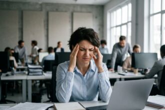 Femme stressée dans un open space bruyant, mains sur les tempes, illustrant les effets du bruit au travail sur la santé