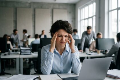 Femme stressée dans un open space bruyant, mains sur les tempes, illustrant les effets du bruit au travail sur la santé