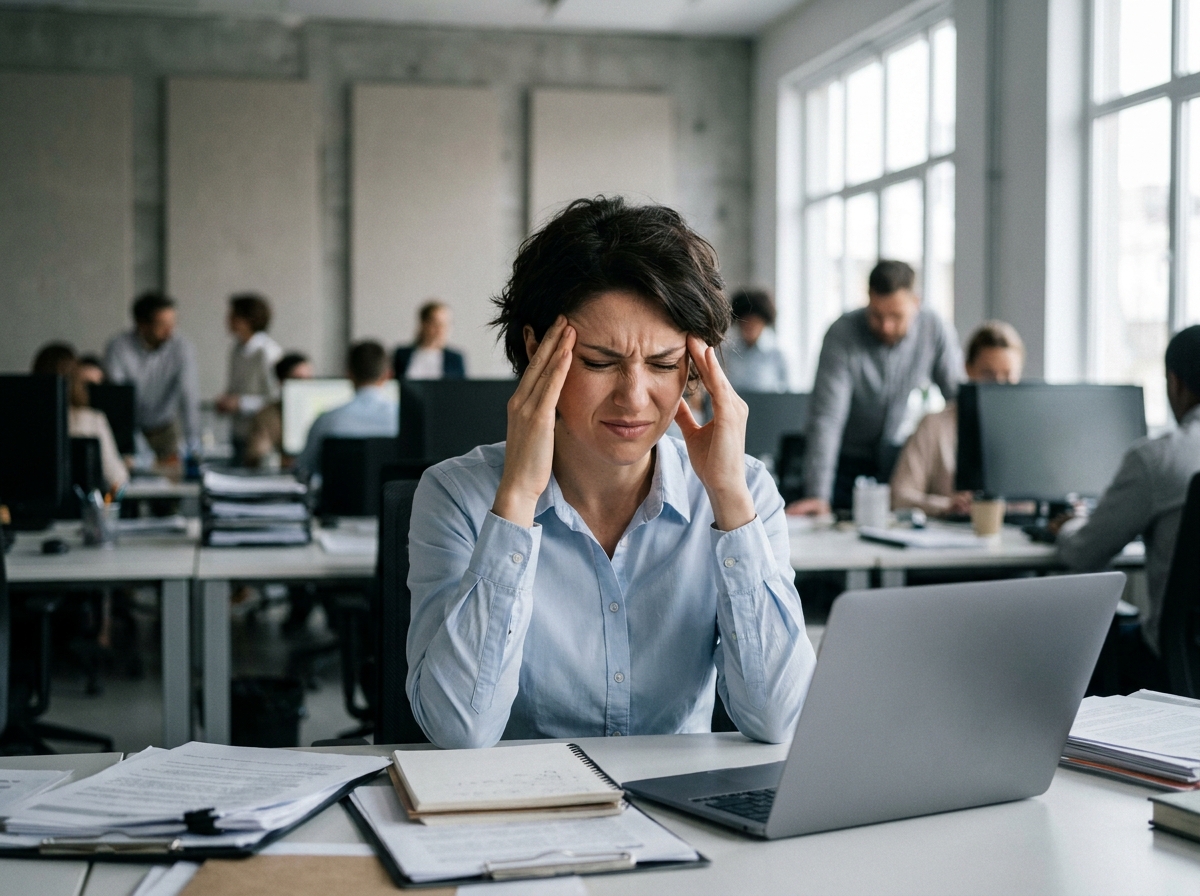 Femme stressée dans un open space bruyant, mains sur les tempes, illustrant les effets du bruit au travail sur la santé