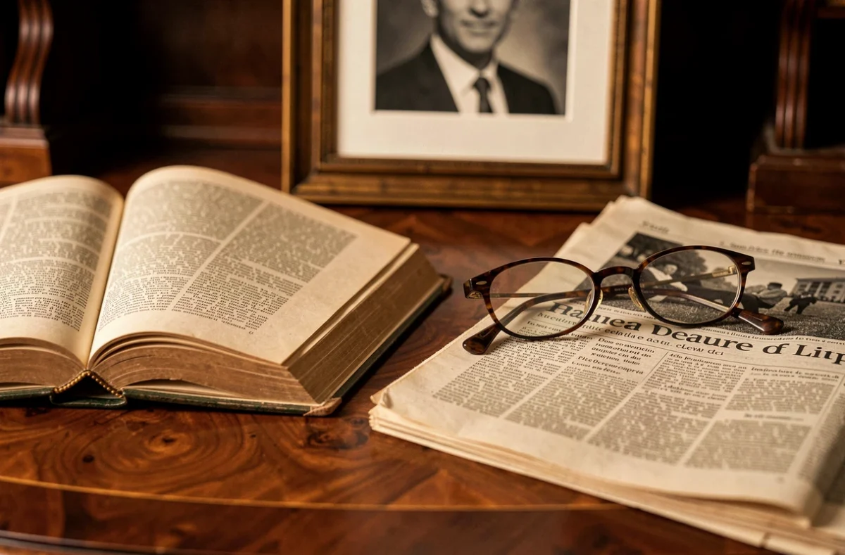 Bureau classique avec livre ouvert, lunettes et journal français, évoquant l'héritage d'un homme public