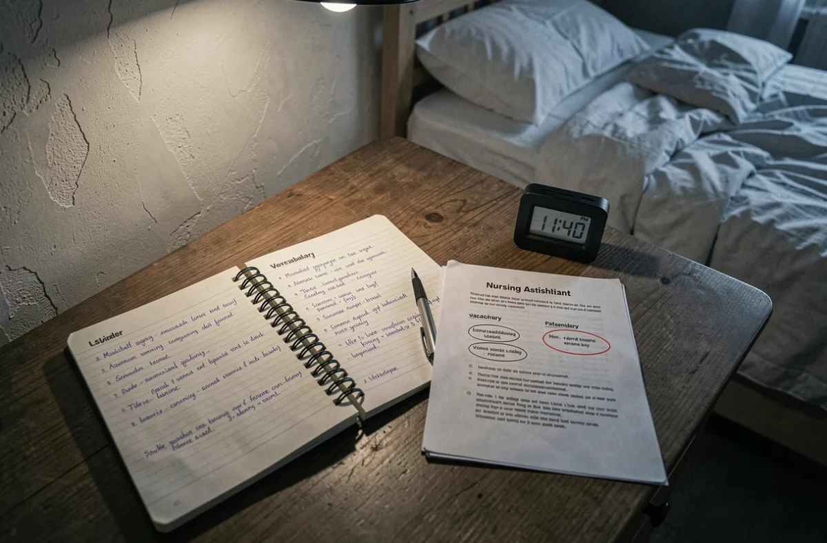 Bureau avec fiches de révision vocabulaire médical PDF et cahier de notes pour aide soignant avant poste de nuit