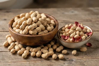 Bol en bois rempli de cacahuètes crues non décortiquées sur une table en chêne rustique, illustrant les bienfaits nutritionnels des cacahuètes pour la santé