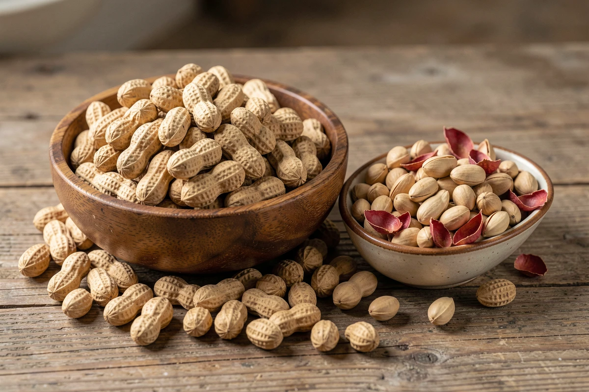 Bol en bois rempli de cacahuètes crues non décortiquées sur une table en chêne rustique, illustrant les bienfaits nutritionnels des cacahuètes pour la santé