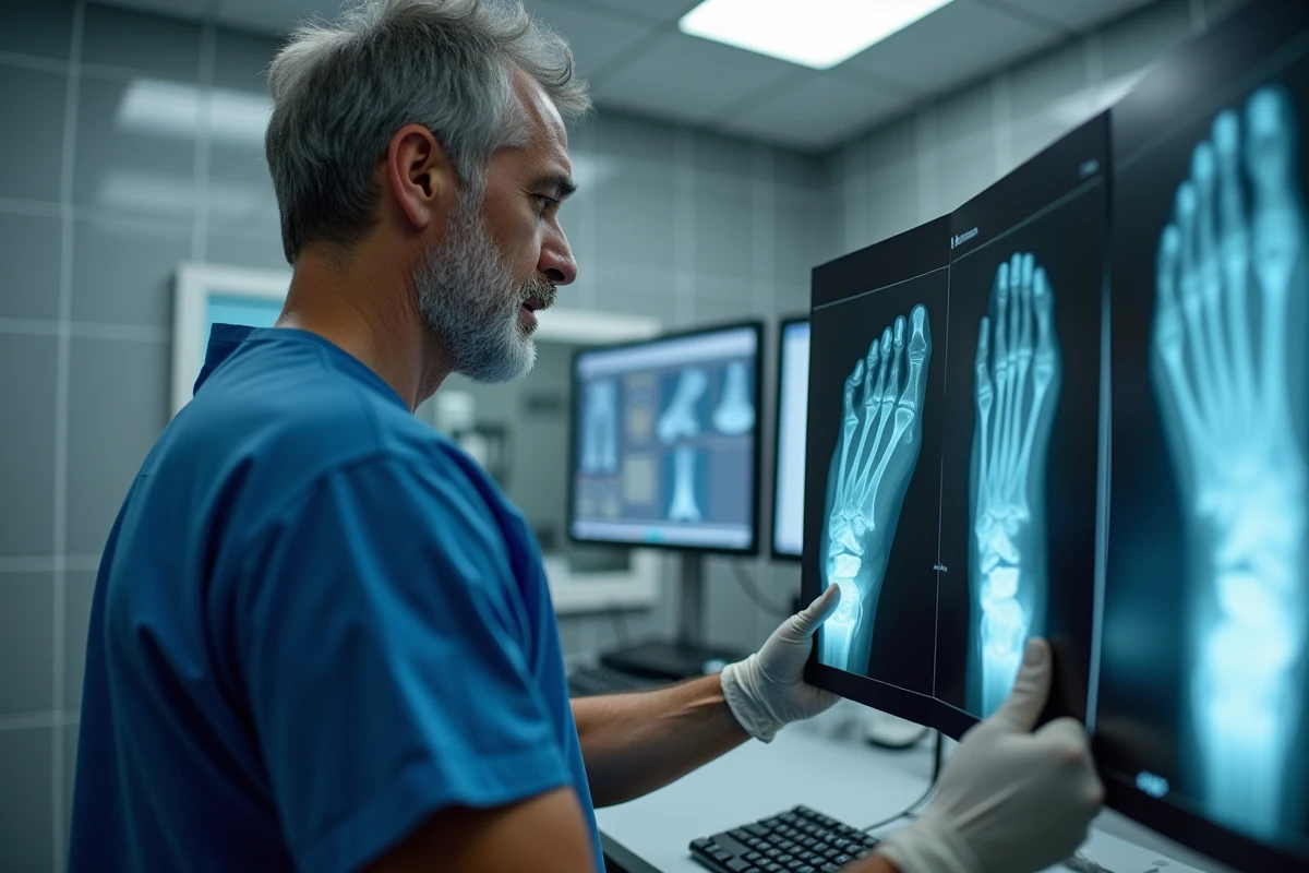Chirurgien orthopédiste analysant une radiographie du pied révélant une épine calcanéenne avant une décision chirurgicale