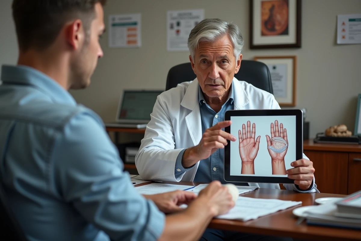 Chirurgien de la main discutant des options de traitement de la matrice de l'ongle avec un patient en consultation