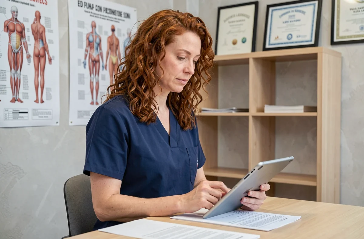 Claire Courty, ostéopathe, consultant les notes d'un patient sur une tablette dans son cabinet professionnel