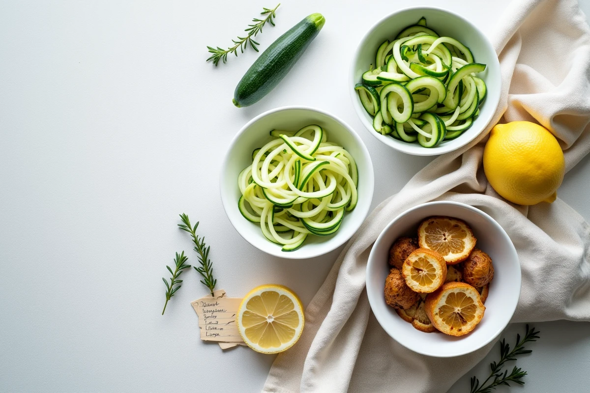 Comparaison des modes de pr&eacute;paration de la courgette crue, vapeur et r&ocirc;tie dans trois bols blancs