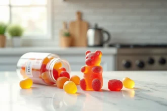Pot de compléments alimentaires en forme d'ours gélifiés colorés sur un comptoir en marbre blanc dans une cuisine moderne
