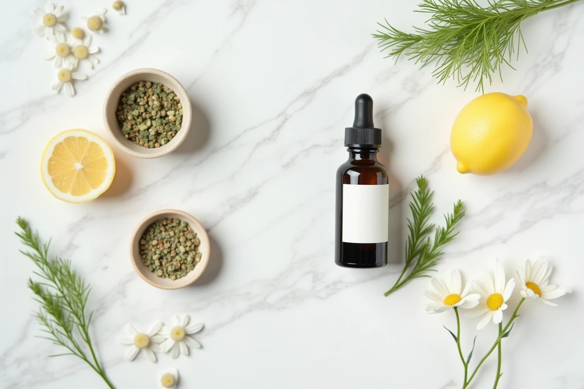 Mise en scène éditoriale de compléments alimentaires digestifs naturels sur marbre blanc avec herbes et plantes