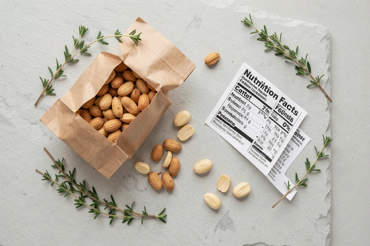 Composition vue de dessus avec un sachet de cacahuètes grillées, une fiche nutritionnelle et des cacahuètes décortiquées sur ardoise, pour illustrer les bienfaits santé et la longévité