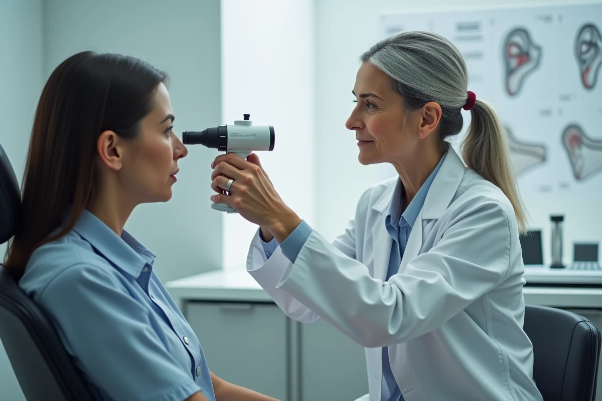 Audiologiste examinant l'oreille gauche d'un patient avec un otoscope lors d'une consultation médicale