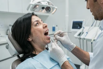 Femme adulte en consultation dentaire pour une dent qui pousse dans la gencive, examinée par un dentiste avec un miroir buccal