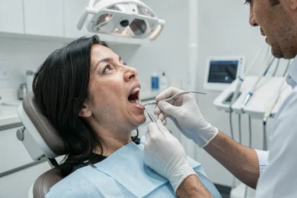 Femme adulte en consultation dentaire pour une dent qui pousse dans la gencive, examinée par un dentiste avec un miroir buccal