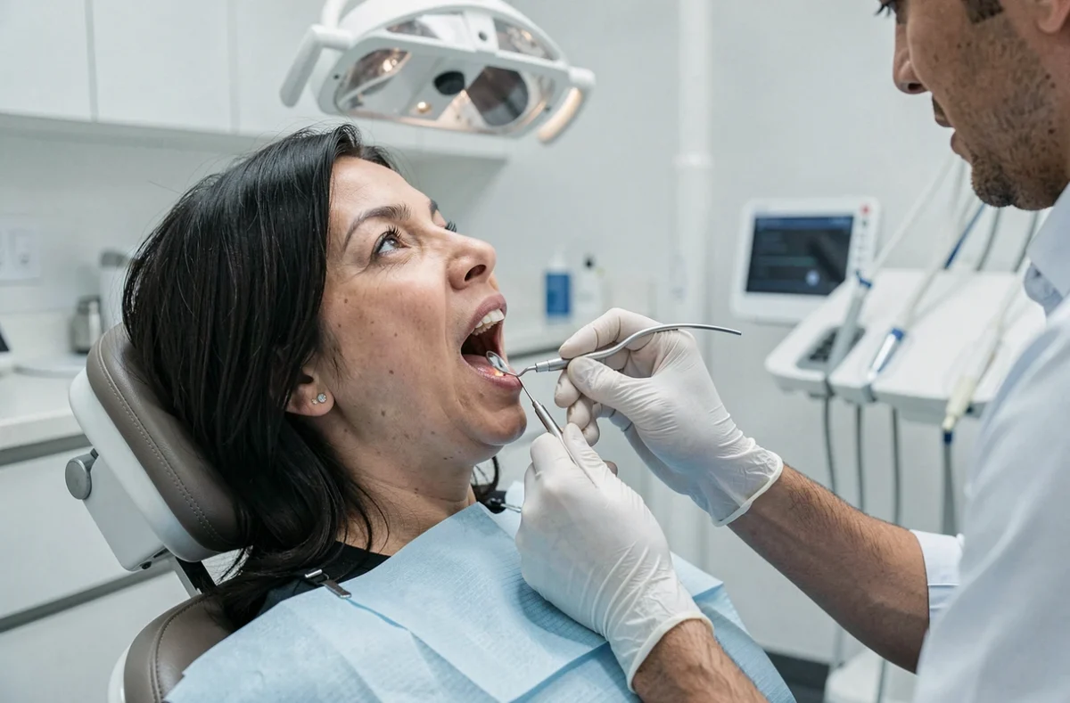 Femme adulte en consultation dentaire pour une dent qui pousse dans la gencive, examinée par un dentiste avec un miroir buccal