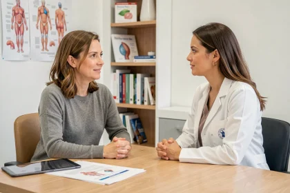 Femme consultant une gynécologue pour choisir un traitement adapté à un kyste ovarien