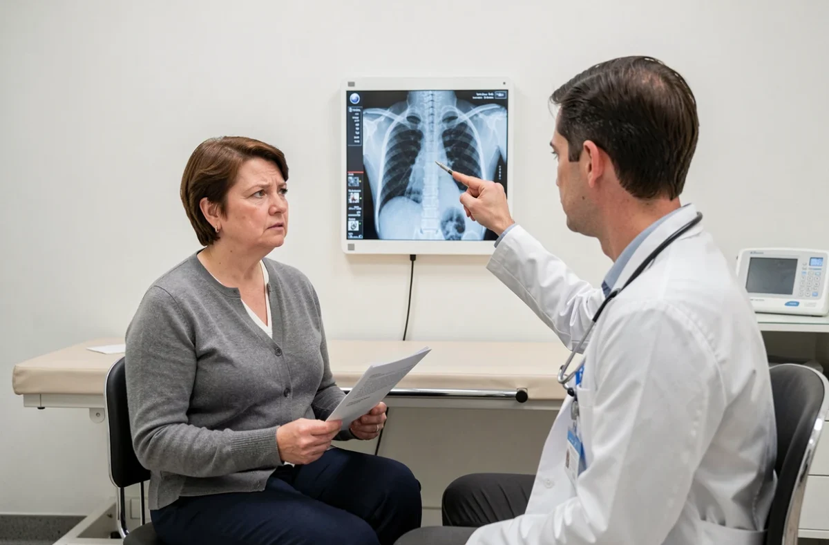 Femme consultant un médecin devant une radiographie vertébrale montrant une ostéophytose lors d'un rendez-vous médical