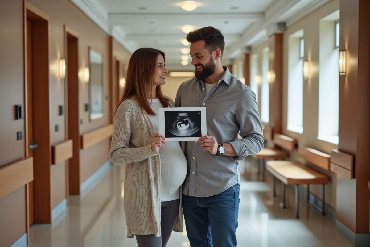 Couple enceinte dans un couloir d