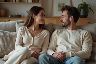 Jeune femme et son partenaire discutent confortablement à la maison