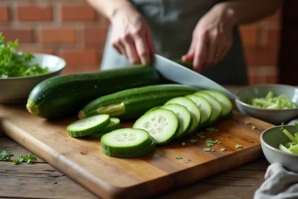 Courgette crue enti&egrave;re et en rondelles sur une planche en bois avec la peau, pr&ecirc;te &agrave; &ecirc;tre consomm&eacute;e