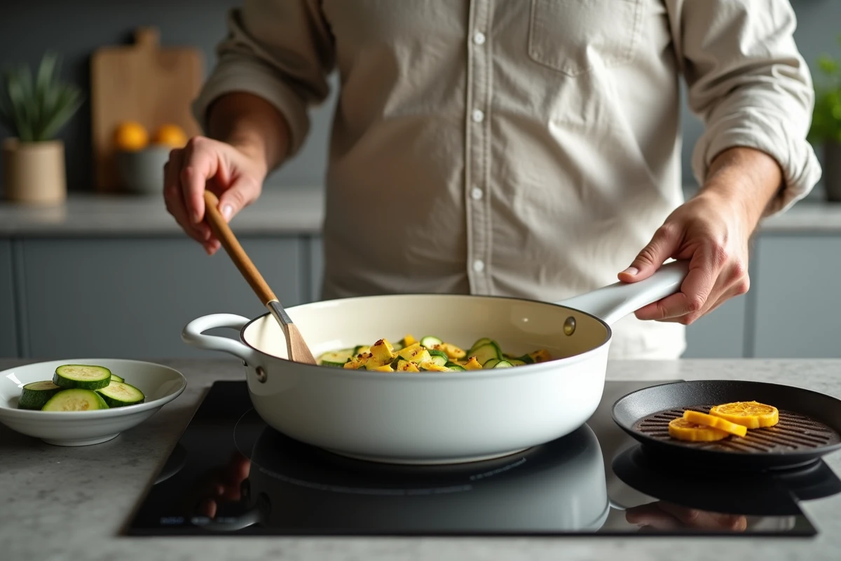 Courgettes cuites &agrave; la po&ecirc;le et &agrave; la vapeur dans une cuisine moderne pour comparer les modes de cuisson