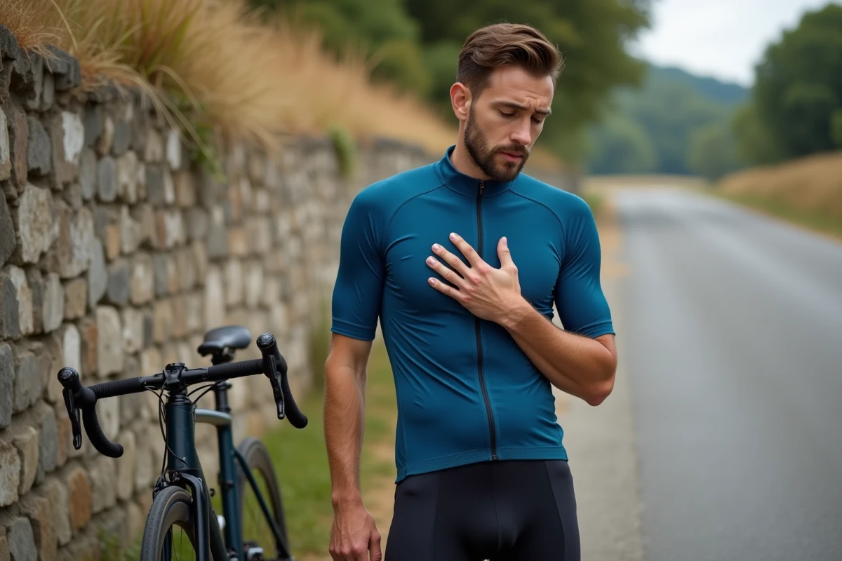 Cycliste s'arrêtant sur le bord d'une route rurale en raison d'une douleur au ventre côté droit après l'effort