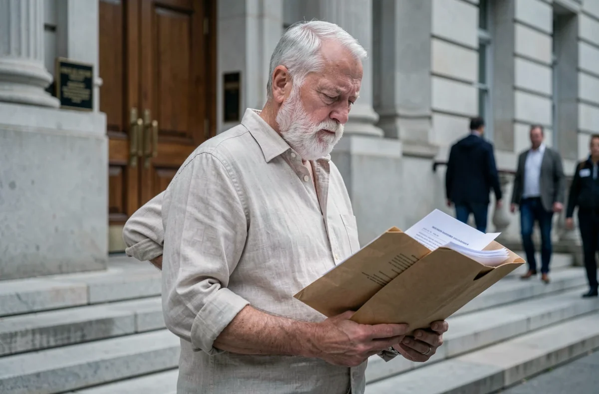 Homme âgé tenant un dossier de demande d'invalidité devant un bâtiment administratif, illustrant les difficultés liées à l'ostéophytose