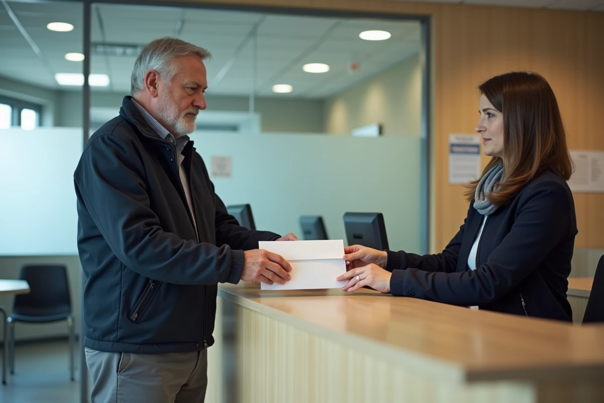 Homme déposant un courrier de dispense de recherche d'emploi au guichet d'un organisme administratif type Pôle emploi ou CPAM