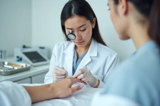 Dermatologue examinant la matrice de l'ongle d'un patient avec une loupe dans un cabinet médical