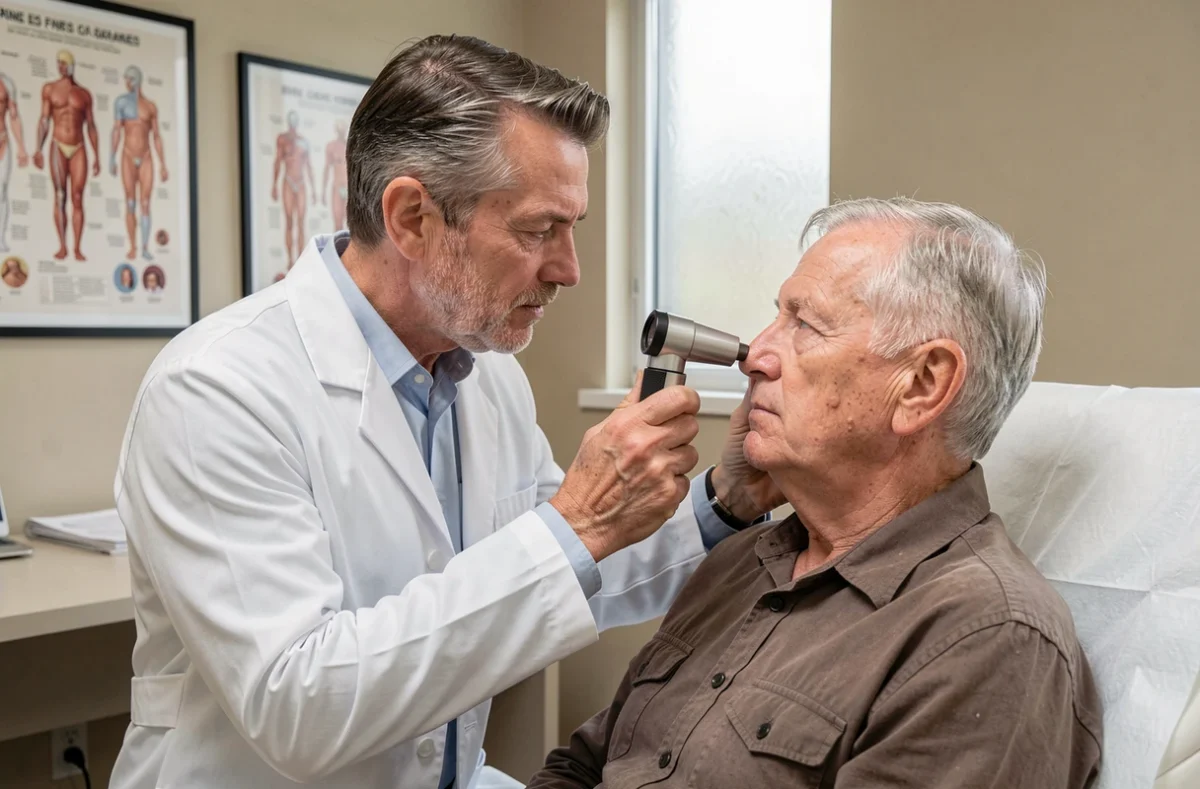Dermatologue examinant le nez d'un patient avec un dermatoscope pour dépister un cancer de la peau