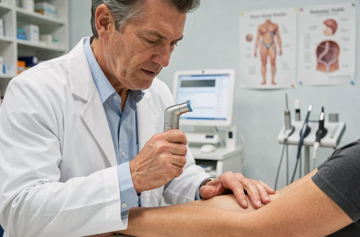 Dermatologue examinant la peau d'un patient avec un dermatoscope dans une clinique, dans le cadre du diagnostic de démangeaisons persistantes liées à un cancer
