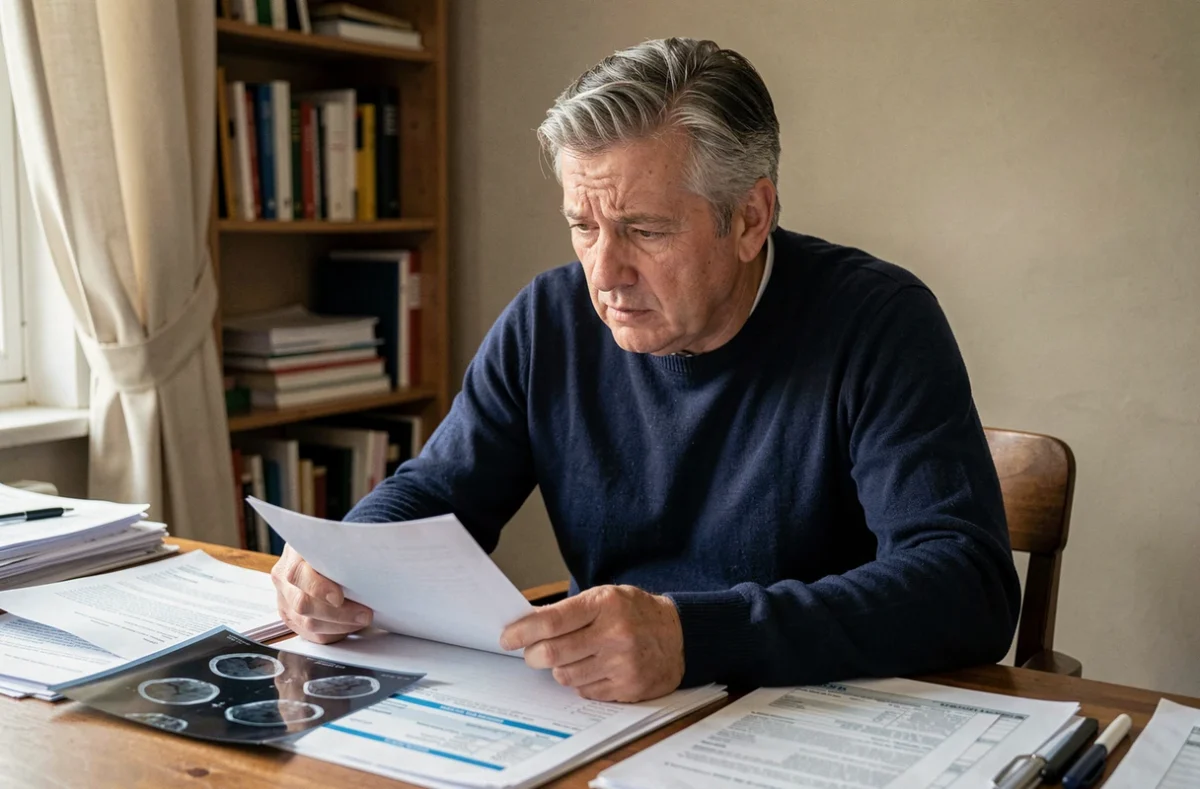 Homme de 58 ans examinant un dossier médical pour ostéophytose avec des documents administratifs et des radios sur un bureau en bois