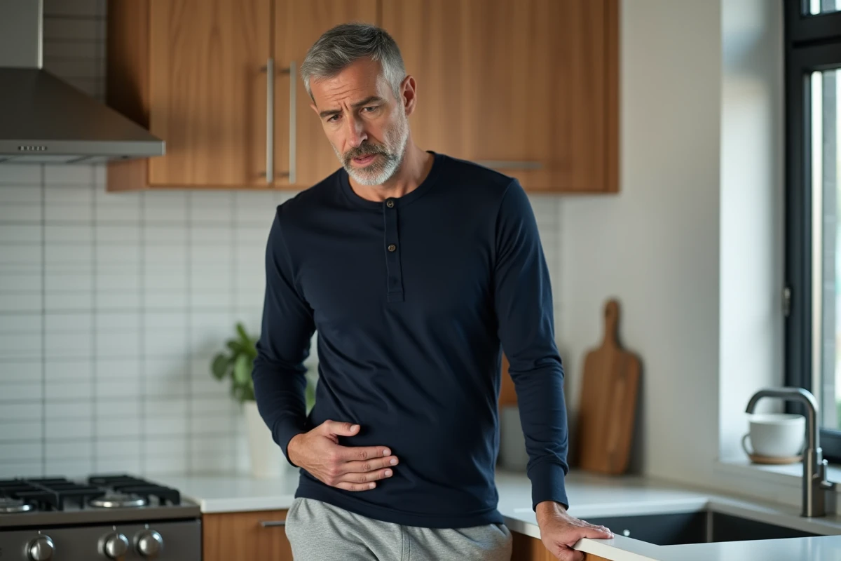 Homme souffrant de douleurs abdominales côté droit debout dans une cuisine moderne