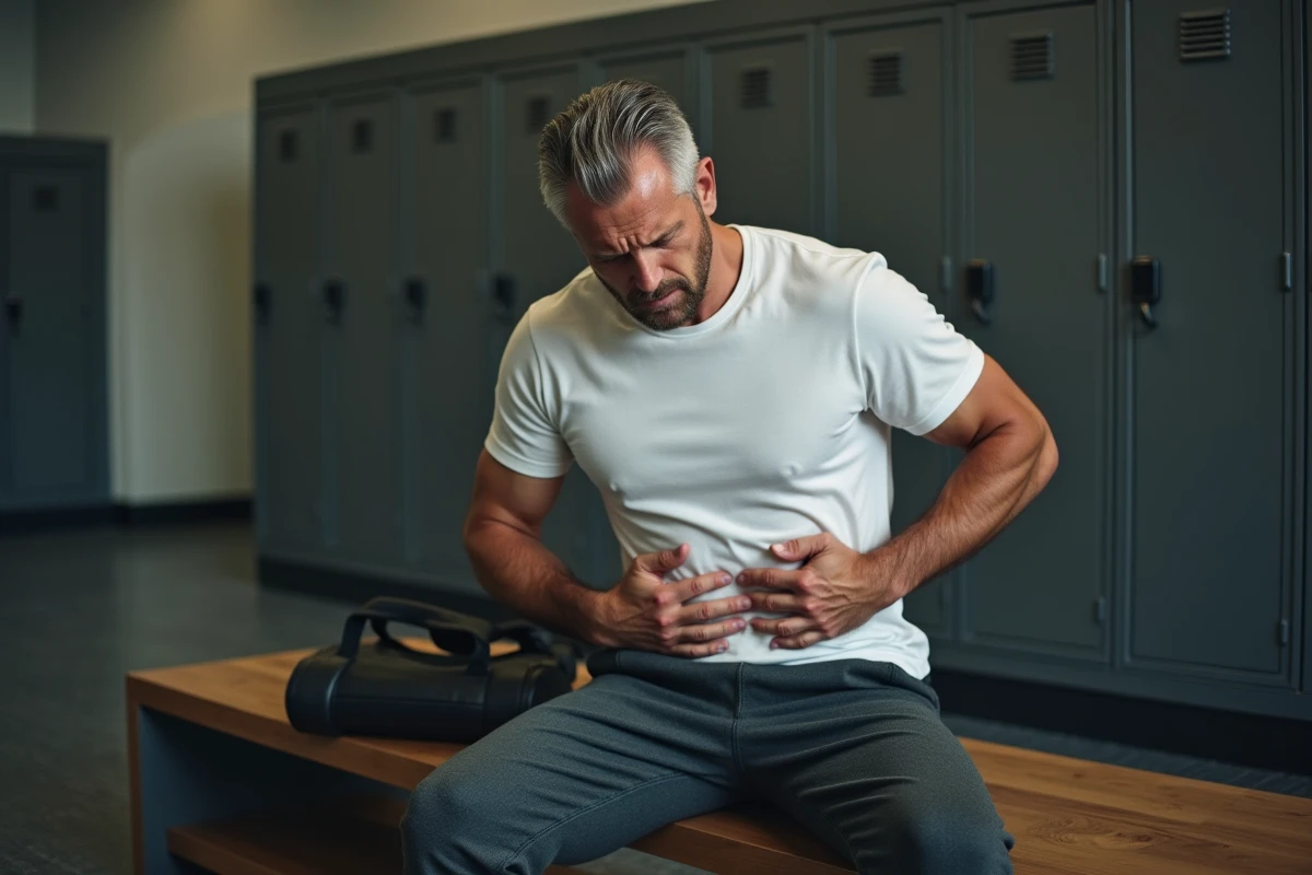 Homme assis dans un vestiaire de salle de sport tenant son abdomen droit douloureux après l'effort physique